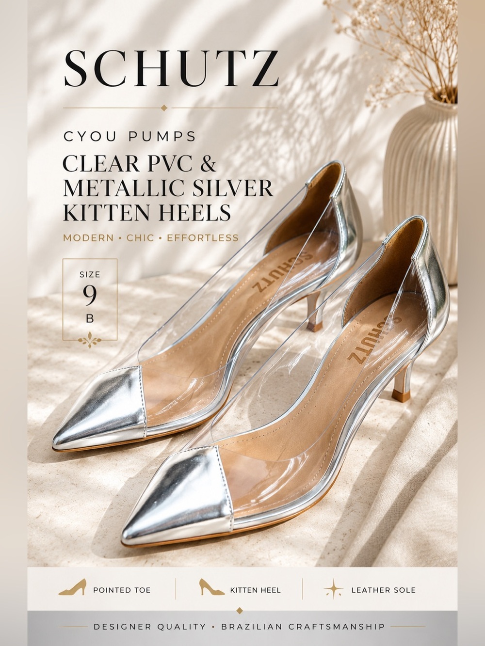 Schutz Cyou Metallic Silver Clear PVC Pointed Toe Kitten Heels Size 9